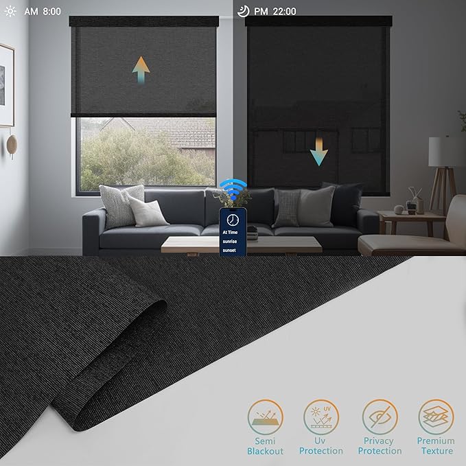 Motorized Blinds with Remote, Light Filtering Smart Roller Blinds Compatible with Apple Homekit Google Home and Alexa, Automatic Window Blinds Customize, Black