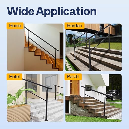 VIVOHOME 2-Pack 6 Step Hand Rails for Outdoor Steps, Galvanized Steel Railing, Black Round Exterior Handrails for Porch, Deck, or Indoor Stairs, Complete Installation Kit