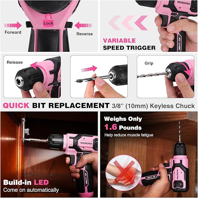 WORKPRO Pink Power Drill Set and Stackable Tool Box, 8V Cordless Drill Driver with Bit Set, 2.0Ah Electric Cordless Screwdriver Kit with 3/8" Keyless Chuck, For Home DIY- Pink Ribbon
