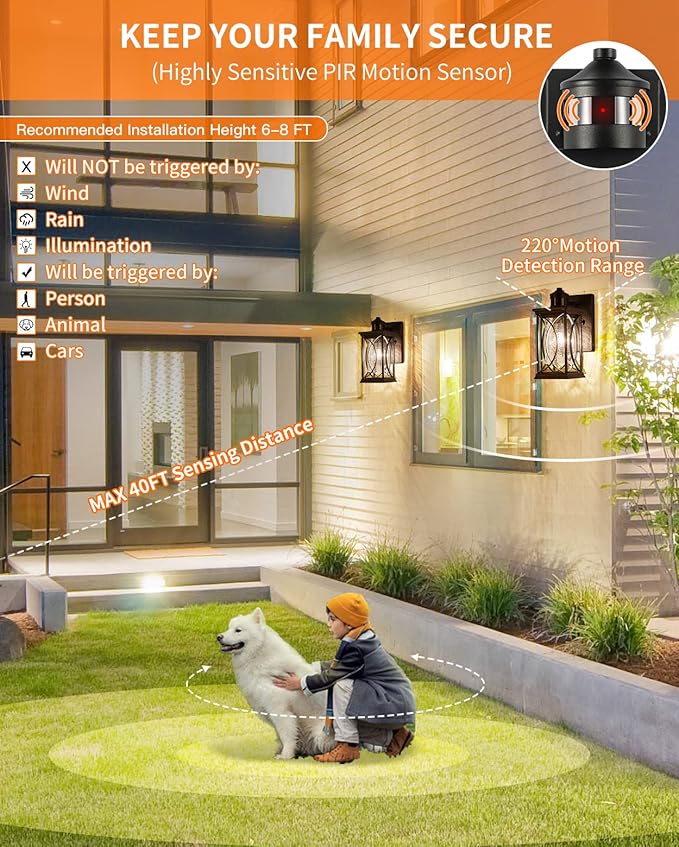 Motion Sensor Outdoor Wall Light with Dimmable Bulb, Modern Dusk to Dawn Exterior Light Fixture Wall Mount Porch Light Black with Crack-Like Glass Coach Lantern for House Garage