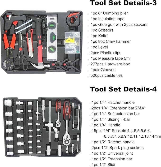 RYH 899pcs All-in-One Professional Tool Set & Rolling Tool Box Set - 4 Drawer Organizer Storage Case - Complete Home, Auto, Mechanic Tool Kit for DIY, Homeowner, Handyman Tool Set (Black)