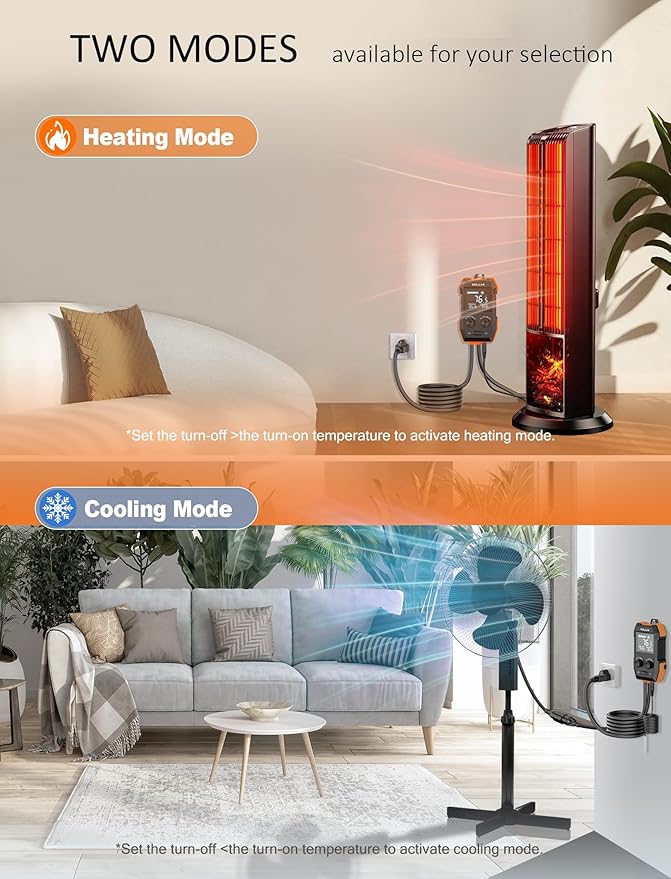 WH2408 Temperature Controller 10A 1200W, Digital Thermostat Controlled Outlet Plug Switch for Reptile Terrarium Greenhouse Homebrew Aquarium Seedling Mat, Heating or Cooling Mode Thermometer