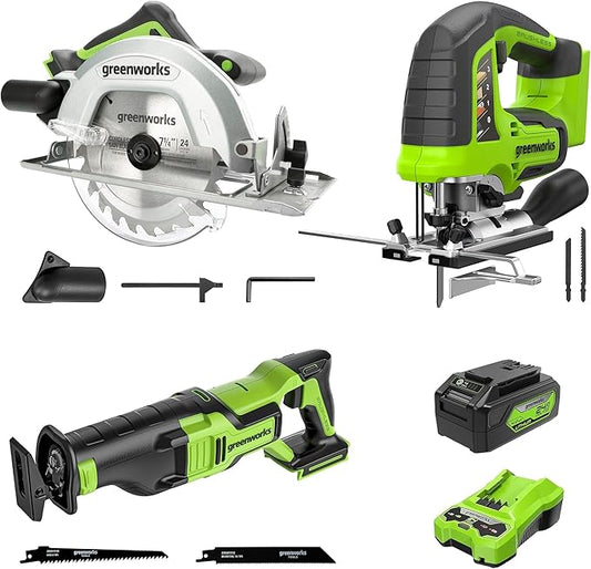 Greenworks 24V Cordless Power Tool Combo Kit, Jig Saw with 4Ah USB Battery & Charger, Circular Saw (7-1/4") & Reciprocating Saw, Brushless Motors, 3000 SPM & 4500 RPM