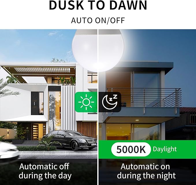 A15 Small Dusk to Dawn Light Bulbs Outdoor 450LM, Daylight, 5W=40W, Auto On/Off Non-Dimmable Replacement LED Bulb for String Lights, Porch, Patio, Garden, E26 Base, 4-Pack, HQ-H031
