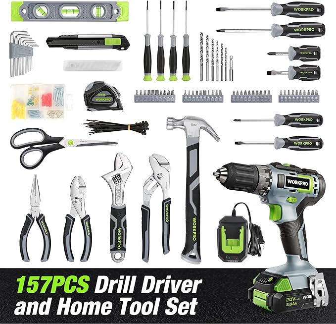 WORKPRO Home Tool Set With 20V Cordless Lithium-ion Drill Driver, 157PCS All-Purpose Kit, Power Drill Combo With Tool Bag