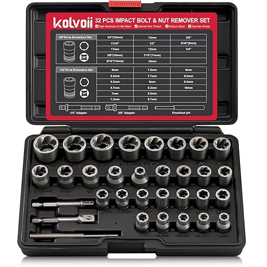 Kolvoii Bolt Extractor Kit, Nut Extractor Socket Set, Stripped & Rounded Bolt Remover with 1/4" & 3/8" Drive, 32PCS Lug Nut Removal Tool for Damaged, Frozen, Broken, Rusted and Rounded-Off, 35#CR-MO