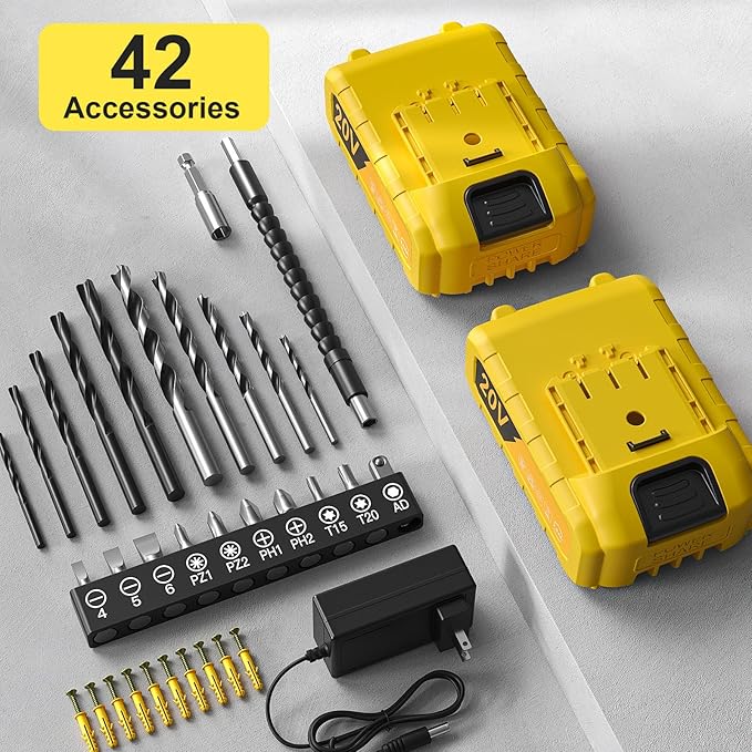 Cordless Drill, 20V Power Drill, Double 2000mAh Power Pack Electric Drills, Cordless Drills with Power Pack and Charger, 3/8" Keyless Chuck Screwdriver with 25+1 Max 370 In-lb Torque, 42Pcs Bits