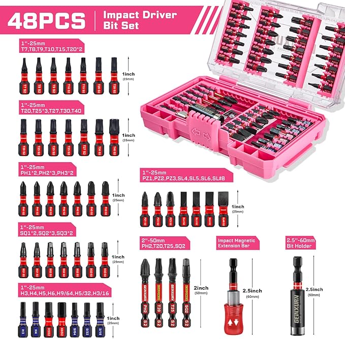 48Pieces Impact Screwdriver Bits Set, Magnetic S2 Steel Phillips/Slotted/Square/Torx Insert Power Bits Tips, Impact Bit Holder with Pink Storage Box Case