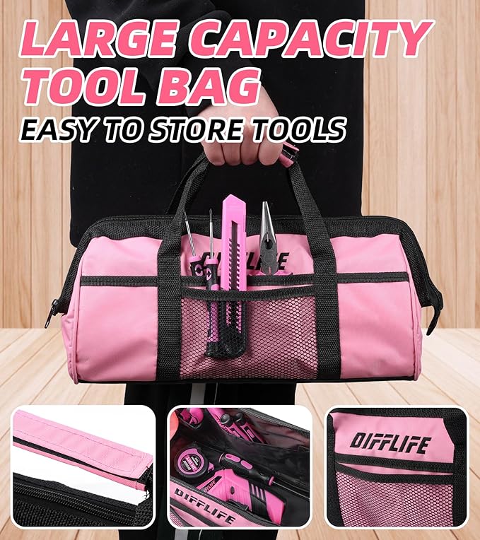 Pink Tool Set for Women, 126-Piece Lady's Power Screwdriver Cordless Rechargeable Set Home Repairing Tool Set with 13-Inch Wide Mouth Open Storage 126PCS 3.6V Electric Screwdriver Tool Bag