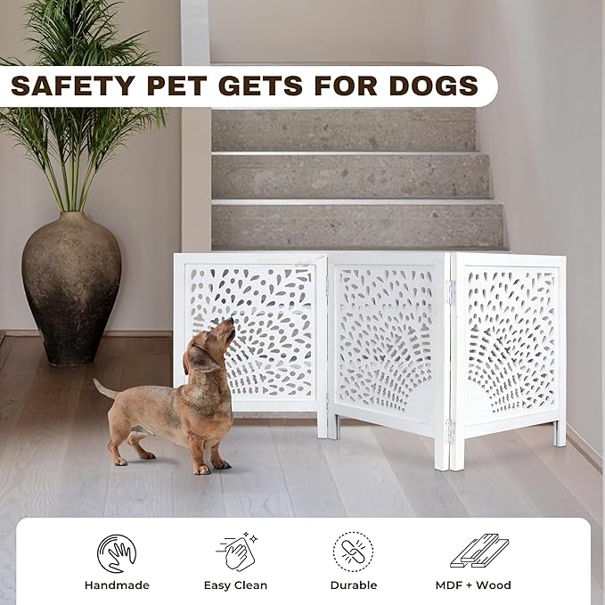 Wooden Dog Gate 20" Wide x3 Panels,White Wash Color, Total 60 inch Wide, Foldable Free Standing Dog Gate Indoor,Dcorative Gates Doorways, 3 Panels Pet Gate Extra 24" Height Bedding Craft