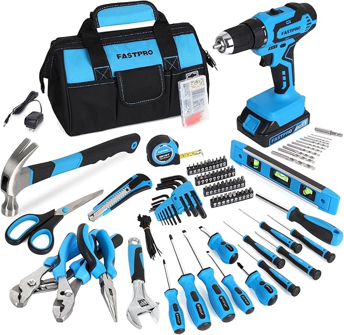 FASTPRO 232-Piece 20V Cordless Drill Driver & Home Tool Set, Home Repairing Tool Kit with Drill, 12-Inch Wide Mouth Open Storage Tool Bag, Blue