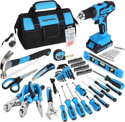 FASTPRO 232-Piece 20V Cordless Drill Driver & Home Tool Set, Home Repairing Tool Kit with Drill, 12-Inch Wide Mouth Open Storage Tool Bag, Blue