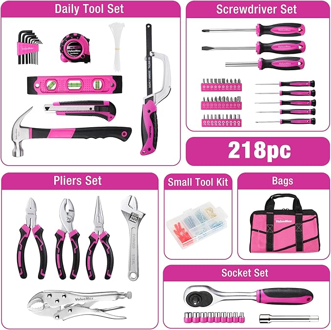 ValueMax Pink Tool Kit, 218-Pieces Home Repairing Tool Set, Household Tool Kit with Wide Mouth Open Storage Bag, Household Hand Tool Set for DIY, Gifts and Basic Home Maintenance