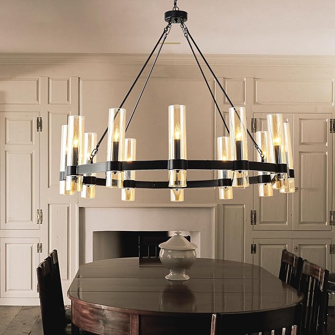 43 Inch Black Wagon Wheel Chandelier, 12 Lights, with Brown GlassShade, Large Hanging High Ceilings Chandeliers for Dining Room KitchenFoyer En