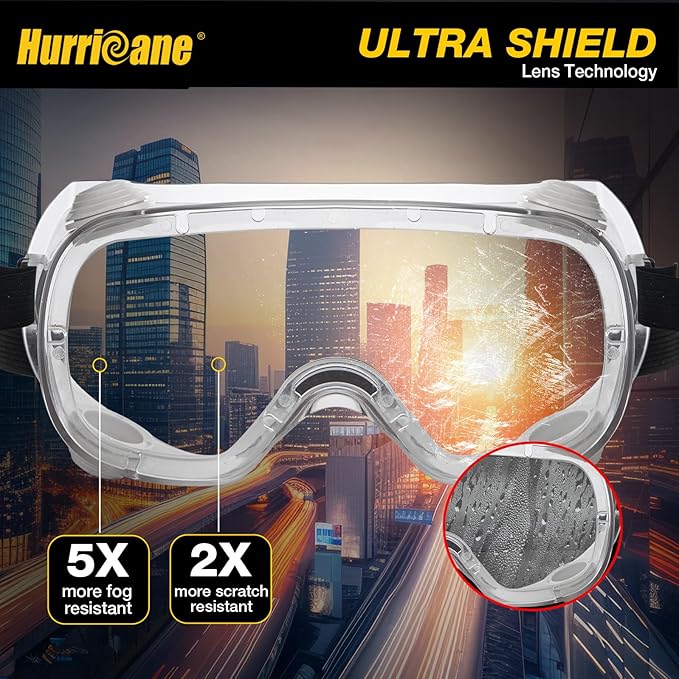 HURRICANE 2 Pack PVC safety goggles, UV400 transparent lenses, with white air valve, anti-fog function, adjustable elastic band