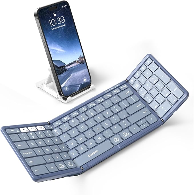 Samsers Foldable Bluetooth Keyboard with Numeric Keypad, Full-Size Wireless Folding PU Leather, Portable Travel for iOS Android Windows Mac OS, Support 3 Device(BT5.1 x 3) Blue