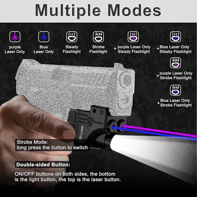 Red Green Purple Blue Laser Light Combo, 800 Lumens Tactical Flashlight Laser Sight, Built-in USB Rechargeable Battery, Adjustable Compact Tactical LED Light Laser Beams for Handguns with a Rail
