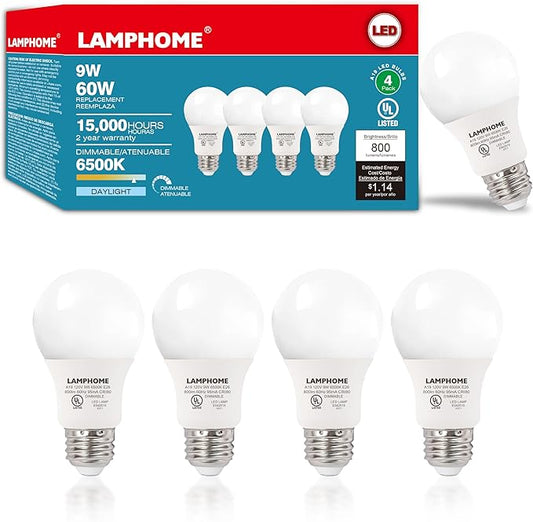 4-Pack Cool White LED Bulbs - Energize Bedroom & Living Room Spaces, 60W Equivalent, 6500K, 9W, 15000-Hour Life, E26 Base