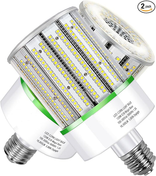 2 Pack 120W LED Corn Cob Light Bulb, E39 Large Mogul Base Bulb 5000K Daylight, (250-600W MH/HPS Replace) Indoor Outdoor Lighting for Garage Warehouse High Bay Parking Lot Wall Pack