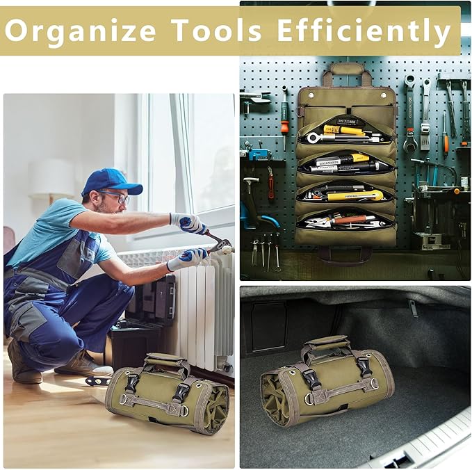 Roll Up Tool Bag Organizer, Tool Bags for Men, Tool Roll Bag with 2 Detachable Zipper Pouches, Heavy Duty Tool Bag for Dad Birthday, Father’s Day Gifts, Handyman or RV Owners (Khaki)