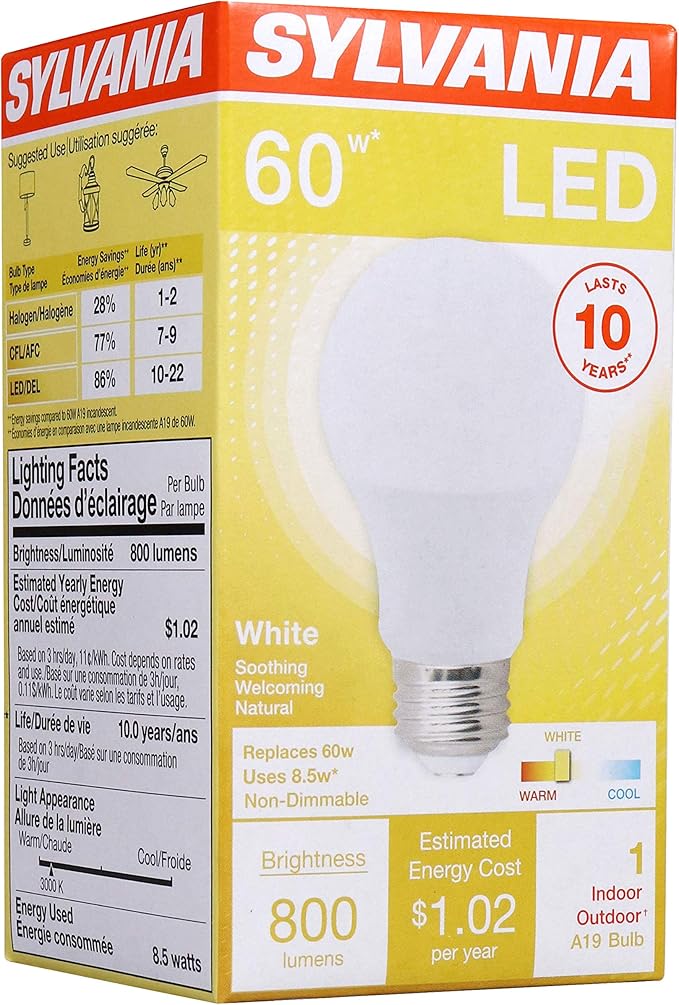 LEDVANCE SYLVANIA A19 LED Light Bulb, 8.5W, 60W Equivalent, 10 Year, Non-Dimmale, 800 Lumens, 3000K, White - 1 Pack (74733)
