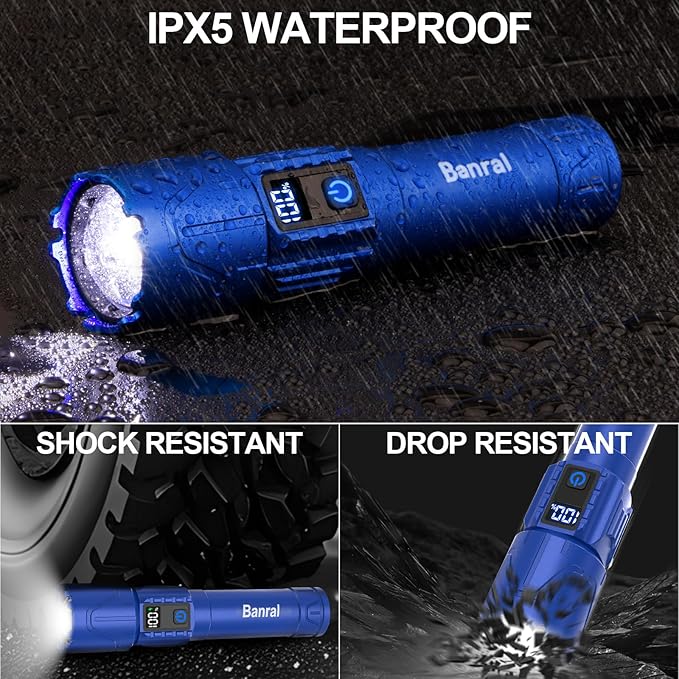Rechargeable Flashlights High Lumens - Super Bright LED Tactical Flash Light, Powerful Waterproof Handheld USB C Flashlight for Camping,Emergencies,Home,5 Modes,Zoomable (1, Blue)