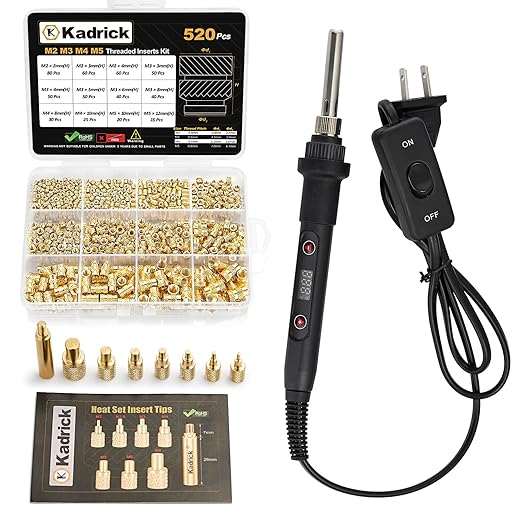 Professional Heat Set Insert Tool Kit: 80W Soldering Iron Heat Insert Tool with 520pcs Brass Inserts & Heat Set Insert Tips (M2-M8) for 3D Printing