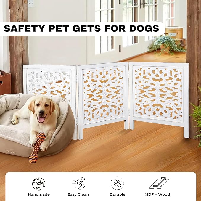 Foldable Wooden Dog Gate for Doorways, 3-Panel Freestanding Indoor Fence, Decorative Extra Wide Barrier for Home,Pet Gate White – Stylish, Portable, No Installation Needed