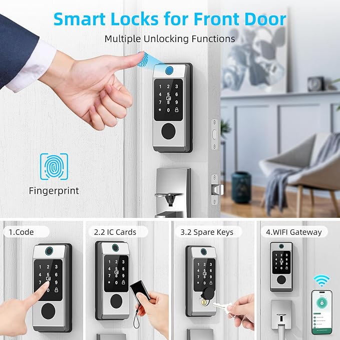 WiFi Front Door Lock Set - Miuedo Keyless Entry Door Locks Handle Set, Fingerprint Smart Alexa Keypad- Smart Deadbolt Lock with Handle Latch - WiFi Access Bluetooth APP-Silver