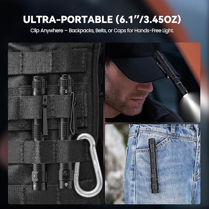 ML70 1500 Lumen EDC Flashlight Rechargeable, Pen Style Self Defense Compact Tactical Flashlight with 2AA Dual Power, IPX7 Waterproof Pocket light for Camping, Emergencies, Outdoor Activities