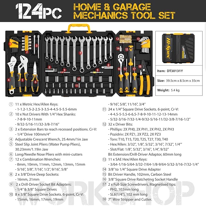 Hi-Spec 124piece Home & Garage Mechanics Tool Set, Socket Wrench Tool Sets for DIY Repairs with Plastic Storage Case