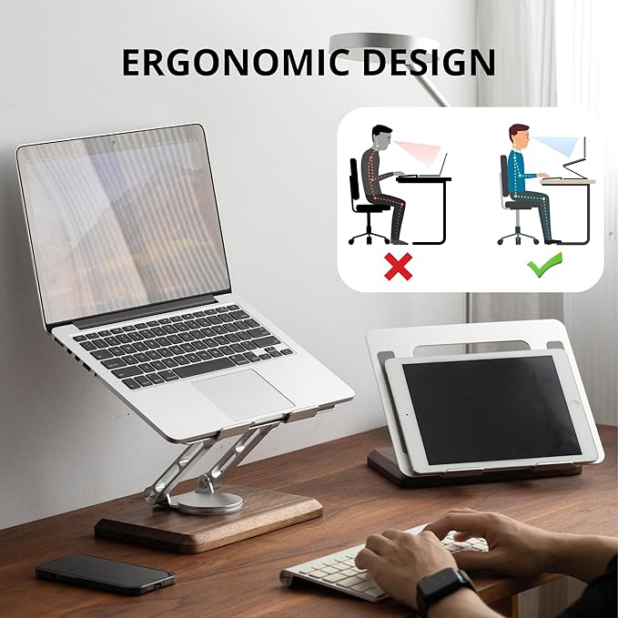 muso wood Laptop Stand for Desk, Laptop Riser with 360 Rotating Walnut Base, Adjustable Laptop Stand, Ergonomic Wooden Laptop Ventilated Stand for 10 to 17.3 Inches Notebook PC Computer