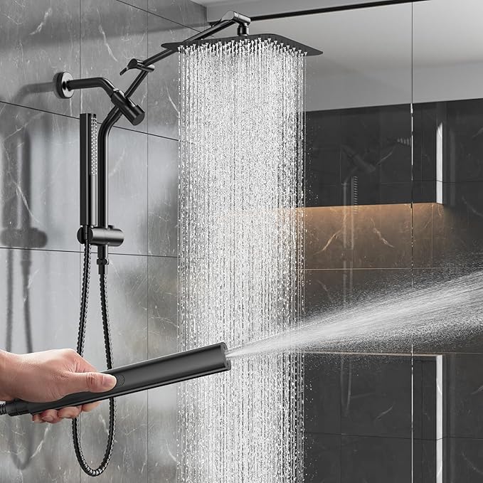 Veken 10" Luxurious All Metal Rain Shower Head with Handheld Spray Combo, High Pressure Rainfall Square Shower Heads with Extension Arm, Wide Dual Showerhead, Bathroom Accessories, Matte Black