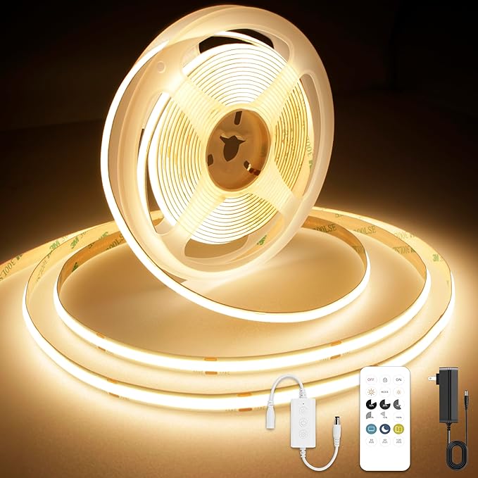 COB LED Strip Light Warm White 24.6FT, High Bright LED Strips with 2400LEDs, RF Remote and UL Power Supply, 3000K Dimmable LED Lights for Bedroom, Kitchen, DIY Home Decoration