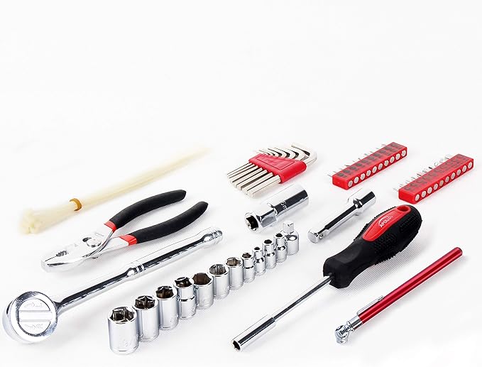 Apollo Tools 56 Piece Compact SAE Auto Tool Set in Zippered Case, Small Mechanic Tool Set for Car Emergency, Motorcycle Repair on the Road, Great for Travel Tool Needs - Red - DT9774