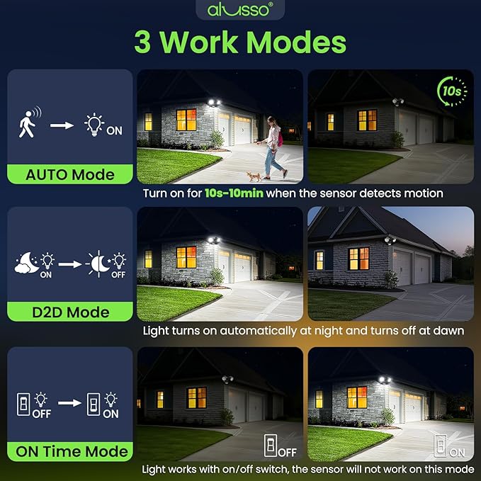 ALUSSO® Motion Sensor Outdoor Lights, 30W 2700LM LED Flood Light Outdoor Metal Heads, 3 Modes(Dusk to Dawn/Auto/On Time) & 3CCT 3000K/4000K/6500K, Waterproof Hardwired Security Light ETL Listed, 1PC