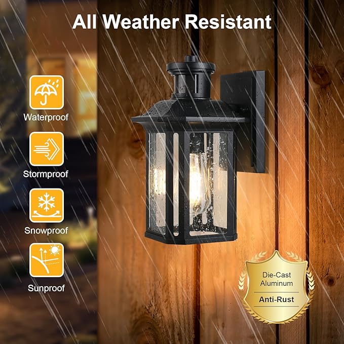 Motion Sensor Outdoor Wall Light, 3 Adjustable Lighting Modes Porch Lights, Dusk to Dawn Black Exterior Light Fixtures, Waterproof Outside Wall Lantern Sconce for House, Garage, Bulb Included