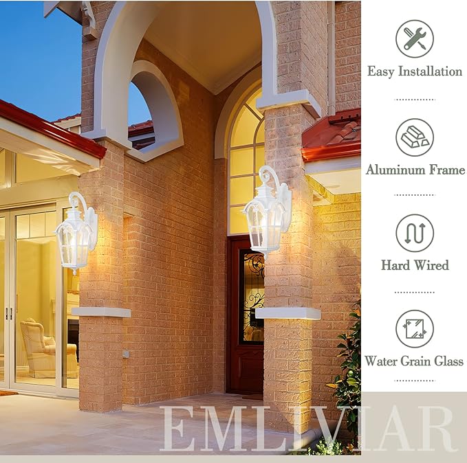 Emliviar 1-Light Modern Outdoor Porch Light Fixture, 25 Inch Large Exterior Wall Light, Die-Cast Aluminum with Water Grain Glass, White Finish, WE215BM WH