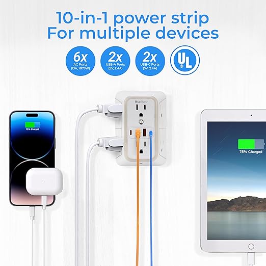 Wall Mount Power Strips Wall Charger 6 Outlet Extender 4 USB Ports (5V, 2.4A, 12W) and Night Light 3-Sided Power Strip with Adapter Spaced Outlets - Multi Plug Outlet Surge Protector for Home Office
