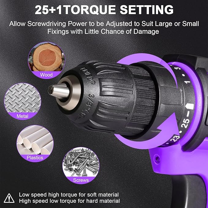 Purple 20v Cordless Drill With Battery And Charger, Electric Screwdriver Kit, 25+1 Torque, Stud Finder Ready,Front LED Light