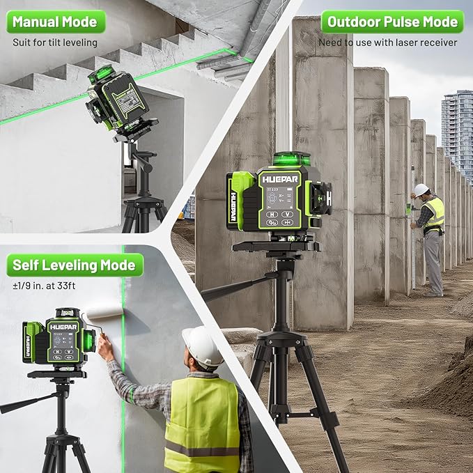 Huepar W04CG 4D Bluetooth Self Leveling Laser Level with Receiver, Up to 400ft Long Distance or Outdoor, 4x360° Green Beams for Construction, Tiling, Framing, Drop Ceiling, Floor Installation