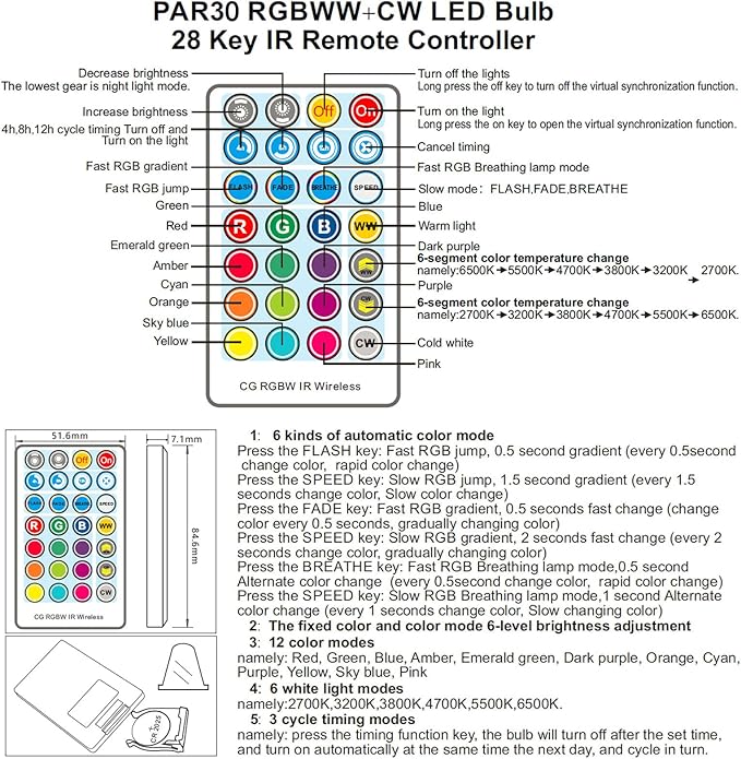 2 Pack,PAR30S RGBWCT LED Bulbs,RGB+Warm+Cool White(2700K-6500K)+Timing, LED Flood Light,Indoor/Outdoor,IR Remote Control, Waterproof Lawn Lamp for Home Courtyard Christmas Party Decoration