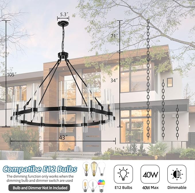 43 Inch Black Wagon Wheel Chandelier, 12 Lights with Glass Shades Light Fixtures, Large Modern Farmhouse Pendant Light for Dining Room, Living Room, Kitchen, Foyer, High Ceilings
