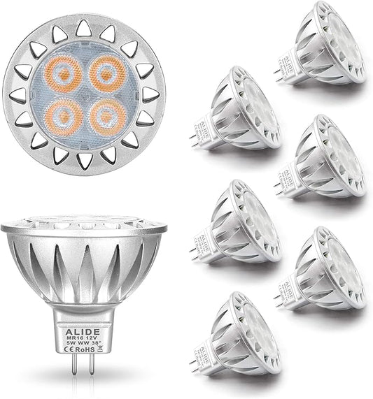 ALIDE MR16 Led Bulbs 5W Replace 20W 35W Halogen Equivalent,2700K Soft Warm White,12V Low Voltage MR16 GU5.3 Bulb Spotlights for Outdoor Landscape Flood Track Lighting,Not Dimmable,450lm,38 Deg,6 Pack