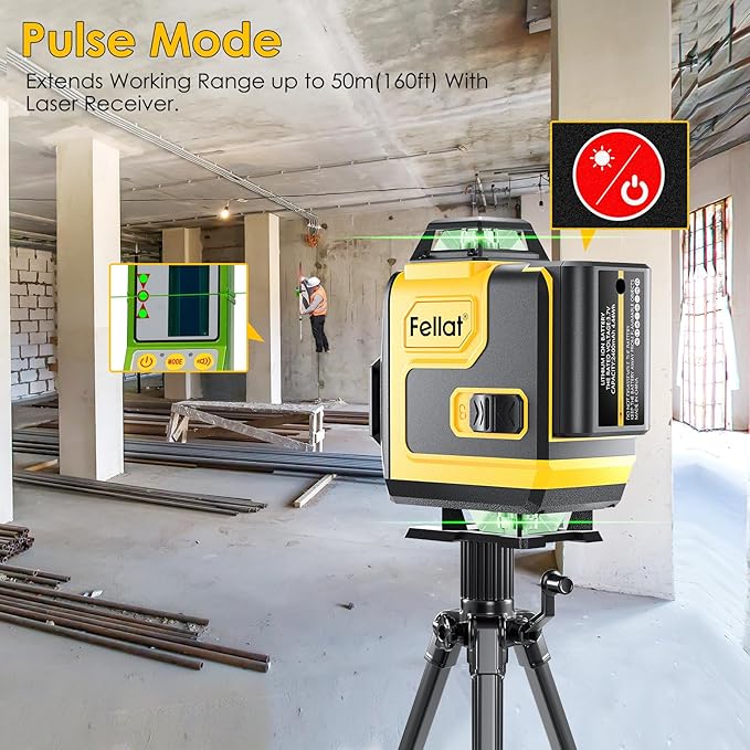 Laser Level, FELLAT 4x360°4D 16 Lines Laser for Construction, Two 360° Vertical and Two 360°Horizontal Green Cross Line Laser with Pulse Mode, Remote Controller and Two Rechargeable Battery
