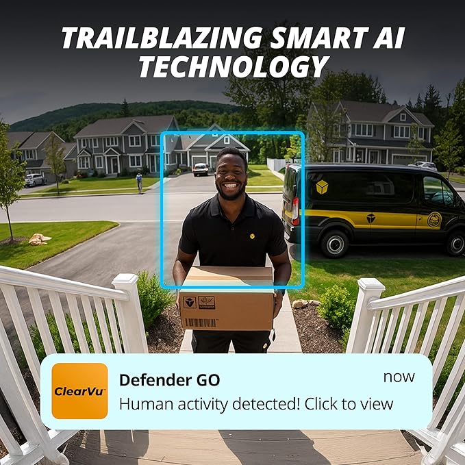Defender GO 2K AI Powered Plug-in Indoor/Outdoor Home, Business, Pet, Baby Camera, AI Detection, Gigaxtreme Next-Gen Dual Band Connection, Spotlight/Siren, Color Night Vision, 2-Way Talk, ClearVu App