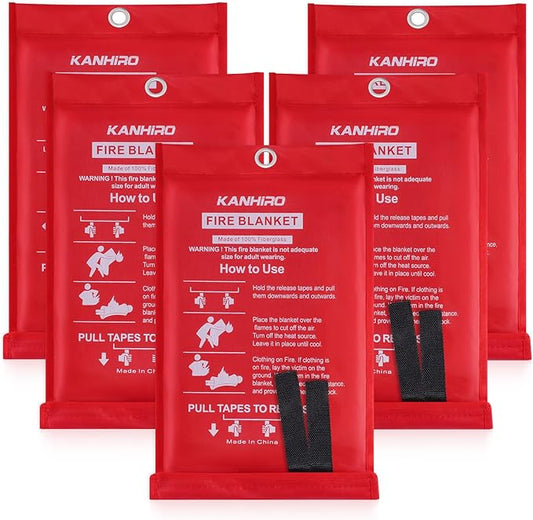 Emergency Fire Blanket for Home Kitchen - KANHIRO Fiberglass Fire Suppression Blanket Great for School, Fireplace, Grill, Car, Office, Warehouse (5 Pack, 39 in X 39 in)