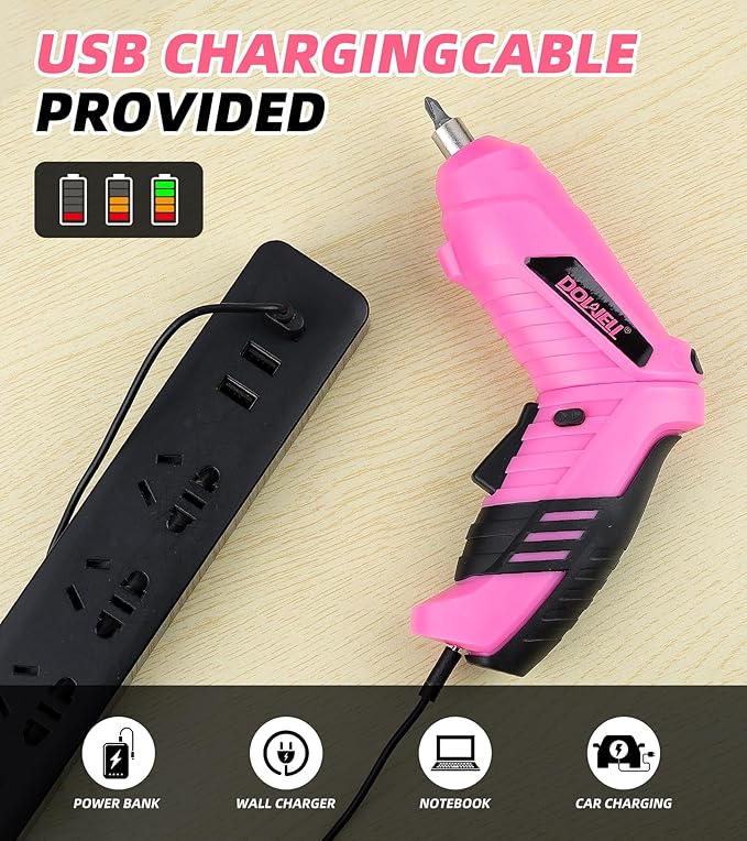 DOWELL Power Electric Cordless Screwdriver Set Rechargeable 3.6V Power Screwdriver Kit Tools for Women with 27pcs Accessories Pink
