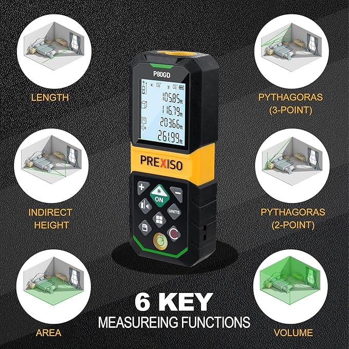PREXISO Laser Measure Rechargeable, 265Ft Green Beam Laser Measurement Tool with Angle Sensor& 30 Sets Data Storage &1/4"-20 Threaded Hole - Ft/Ft+in/in/M Units - Pythagorean Mode, Area, Volume