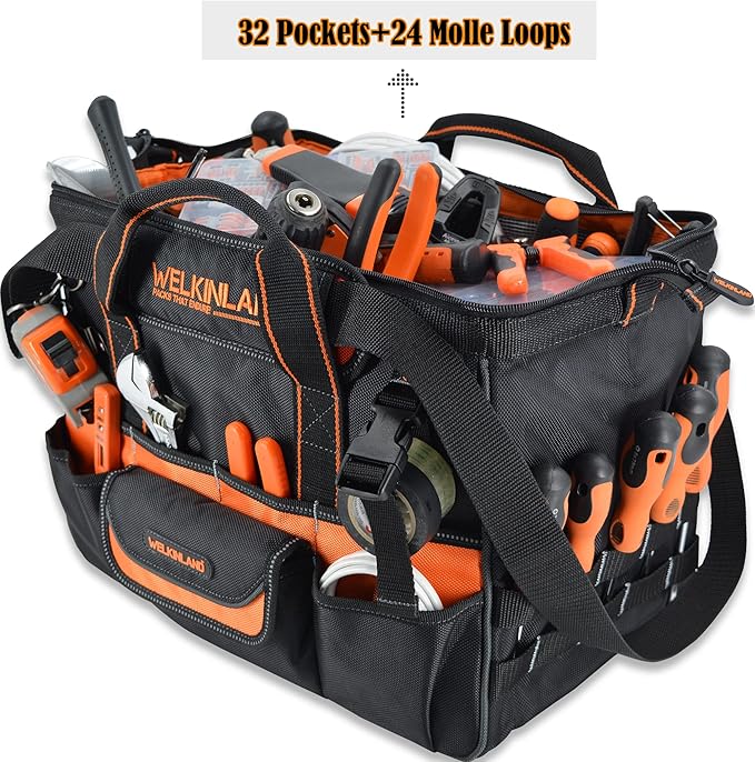 WELKINLAND 16" Tool Bags - 34-Pocket Heavy Duty Open Top Organizer for HVAC & Electricians